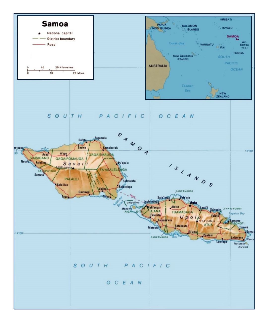 Detailed political and administrative map of Samoa with relief, roads and cities