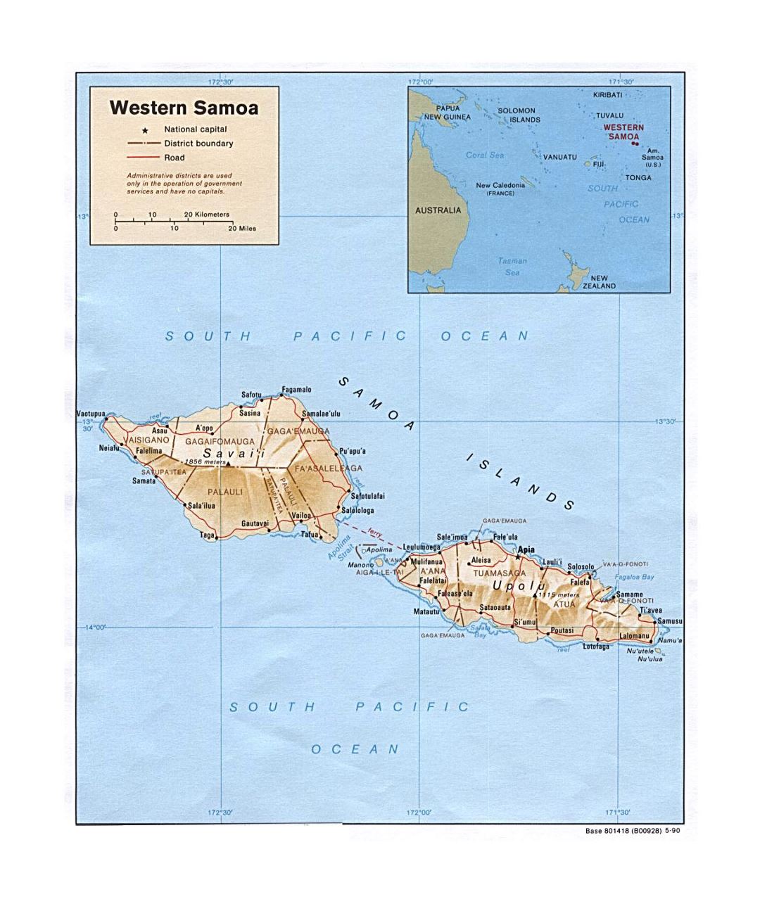 Detailed political and administrative map of Western Samoa with relief, roads and cities - 1990