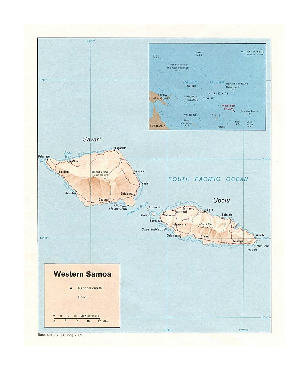 Detailed political map of Western Samoa with relief, roads and cities - 1982