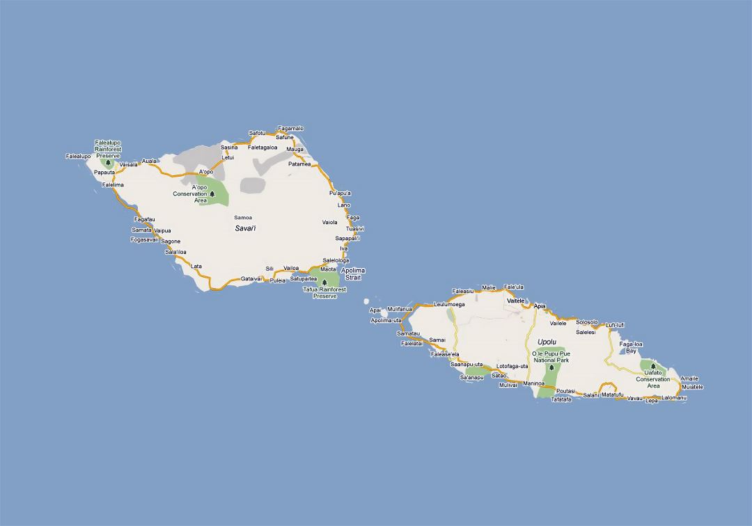 Detailed road map of Samoa with cities