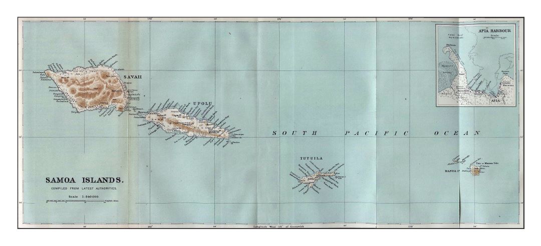 Large old map of Samoa Islands with relief and other marks - 1889