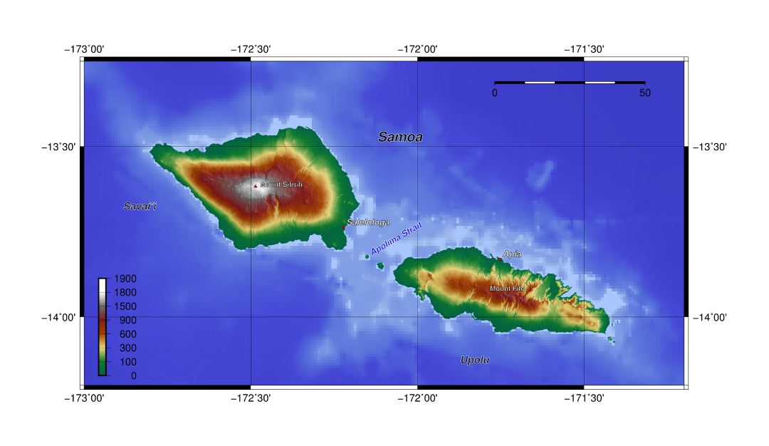 Large topographical map of Samoa