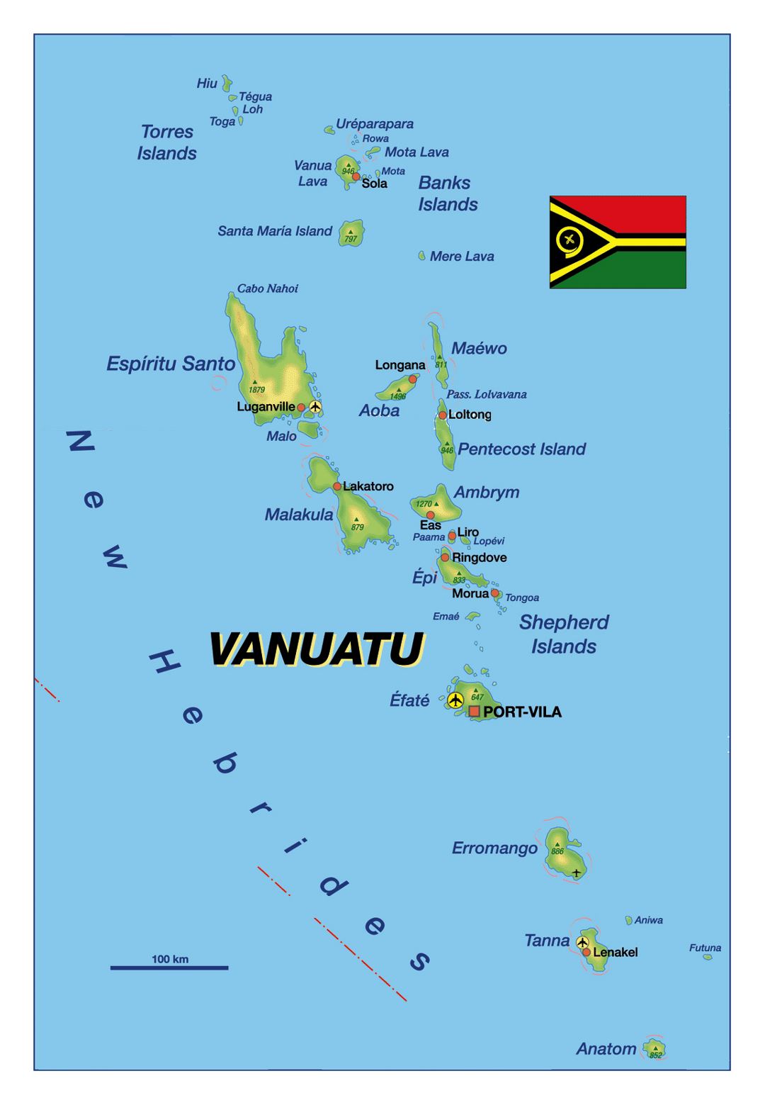 Detailed elevation map of Vanuatu with major cities and airports