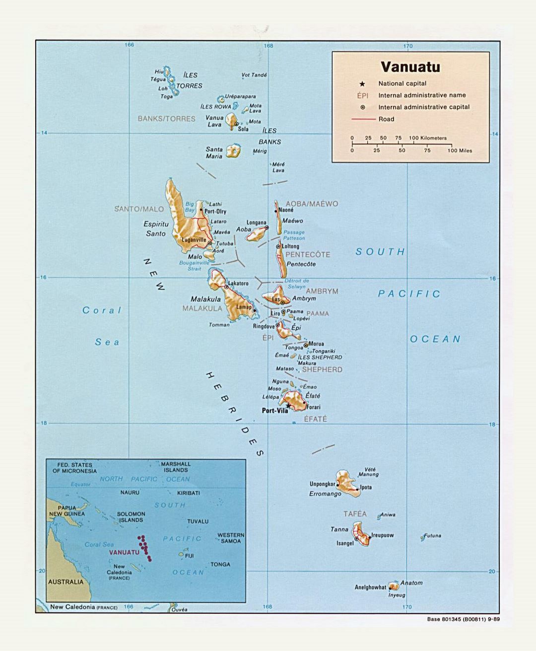 Detailed political and administrative map of Vanuatu with relief, roads and cities - 1989