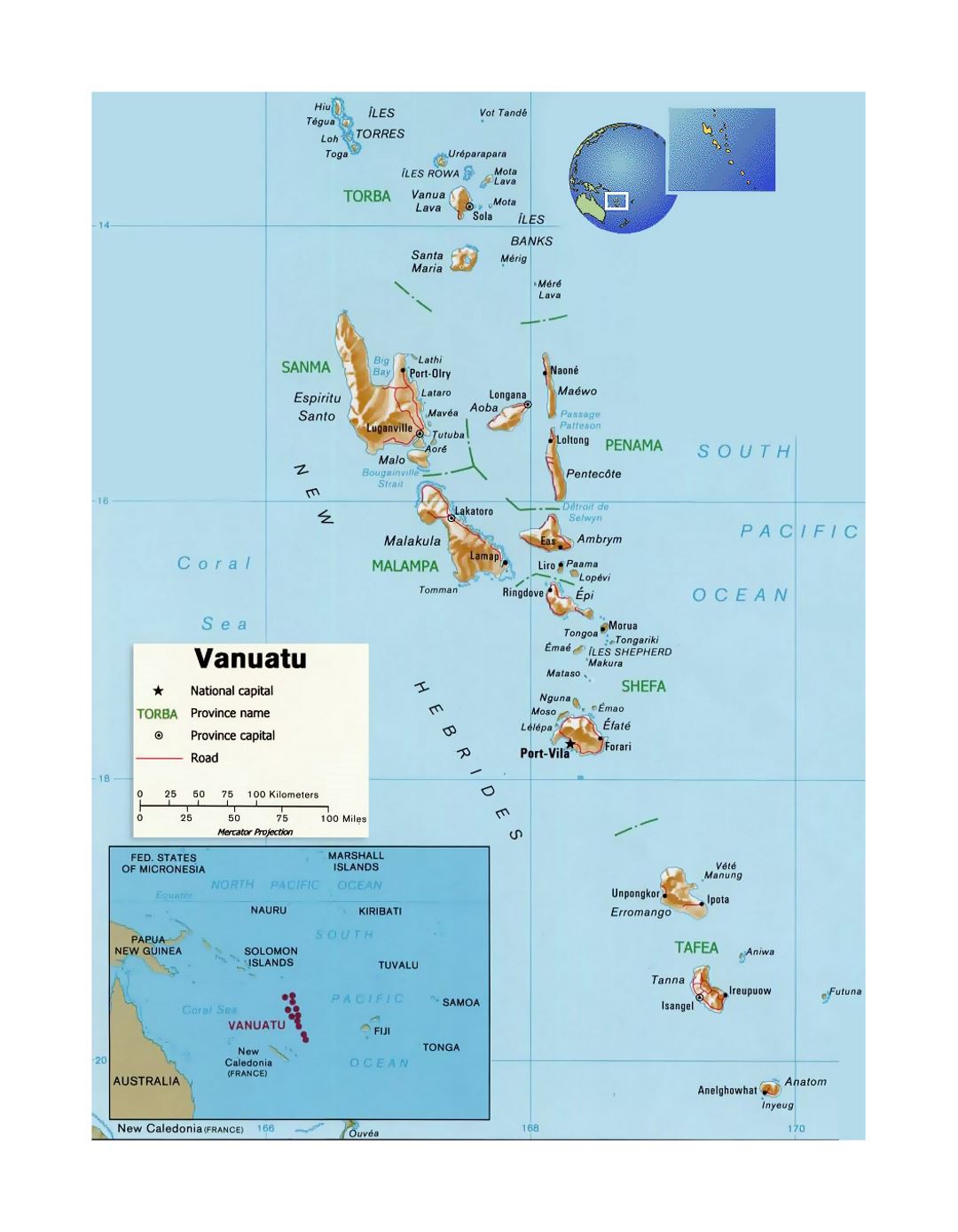 Detailed political and administrative map of Vanuatu with relief, roads and cities