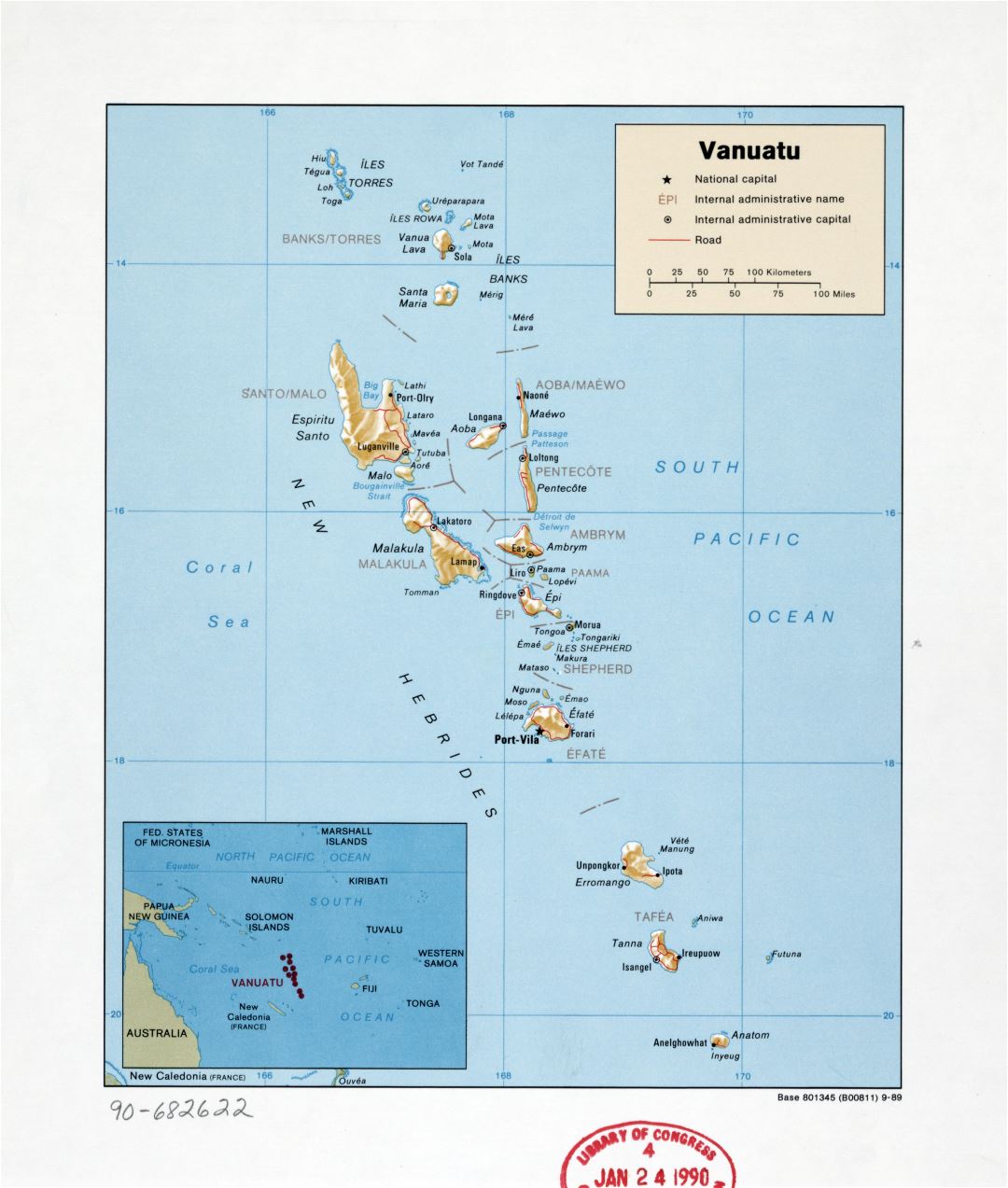 Large detailed political and administrative map of Vanuatu with relief, roads, cities and island names - 1989