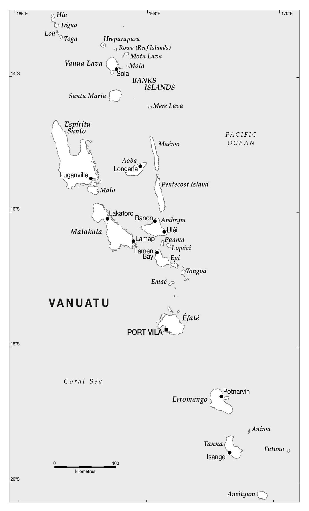 Large political map of Vanuatu with cities and island names
