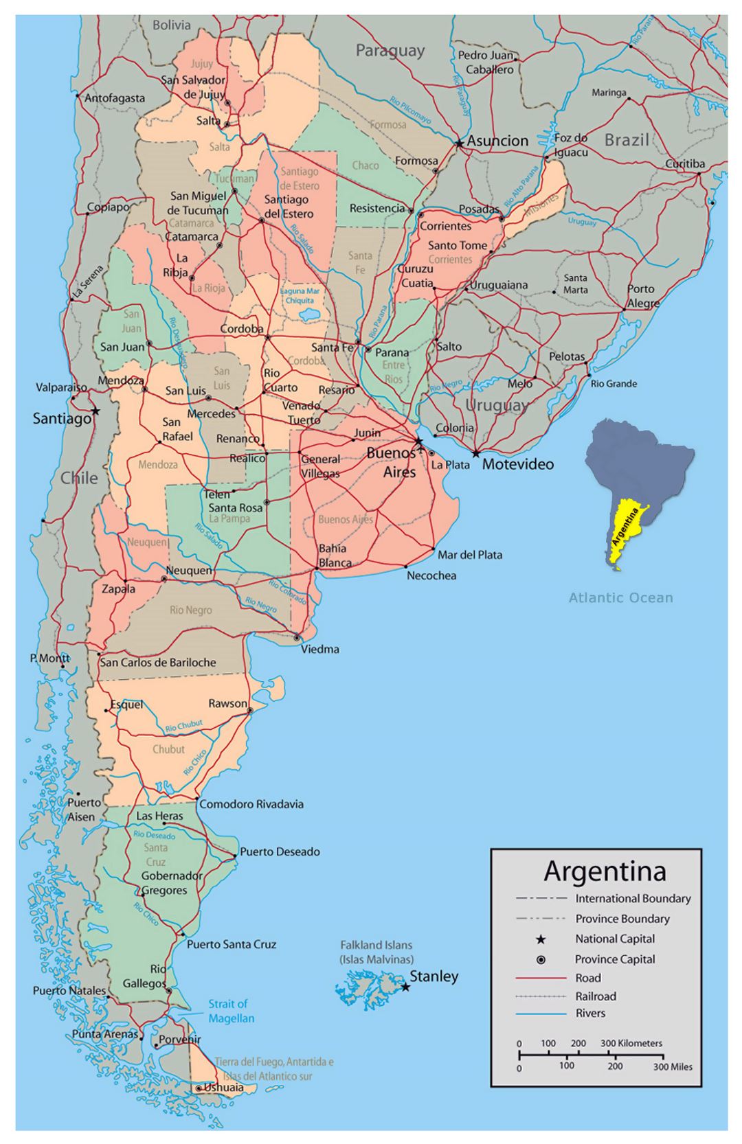 Detailed political and administrative map of Argentina with major roads and major cities