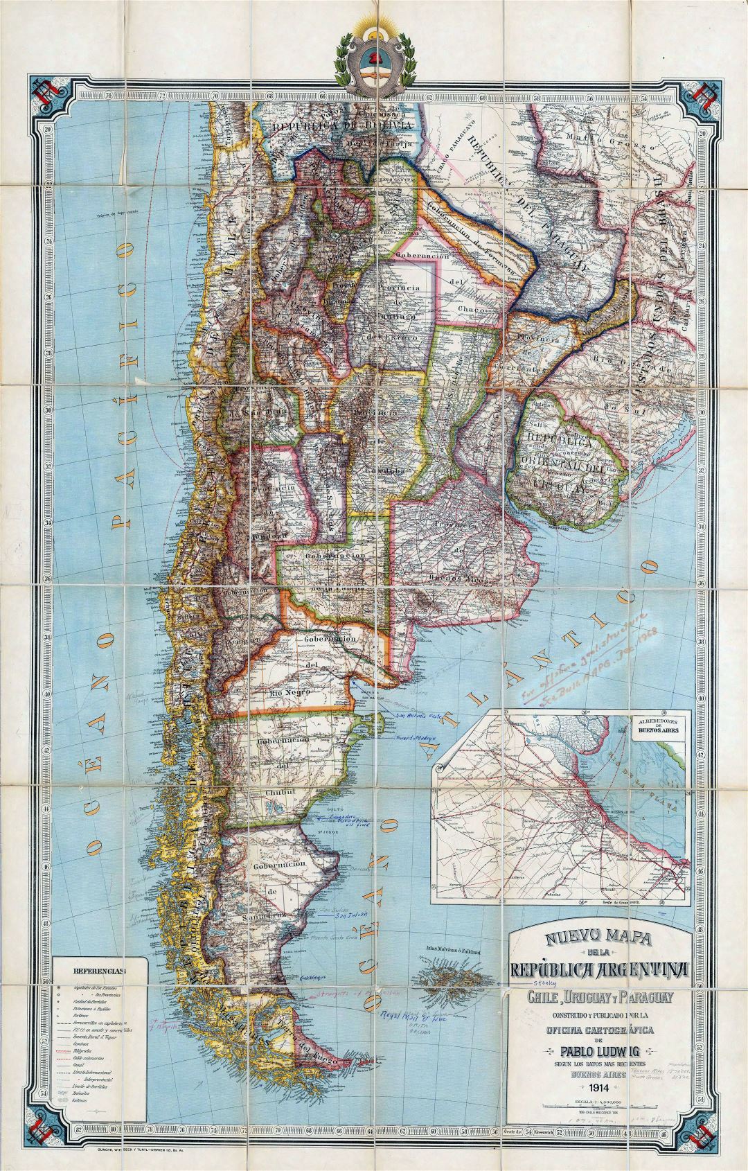 Large detailed old political map of Republic of Argentina, Chile, Uruguay and Paraguay with relief - 1914