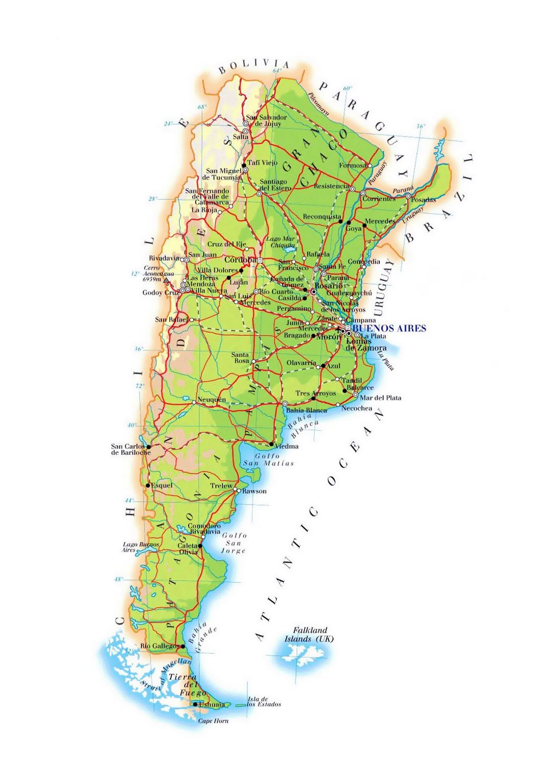 Large elevation map of Argentina with roads, cities and airports