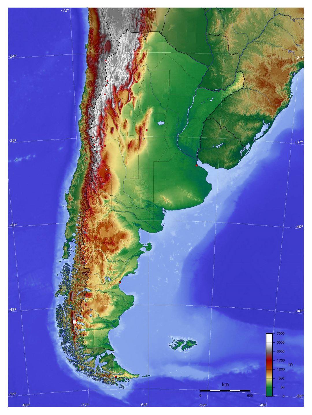 Large physical map of Argentina