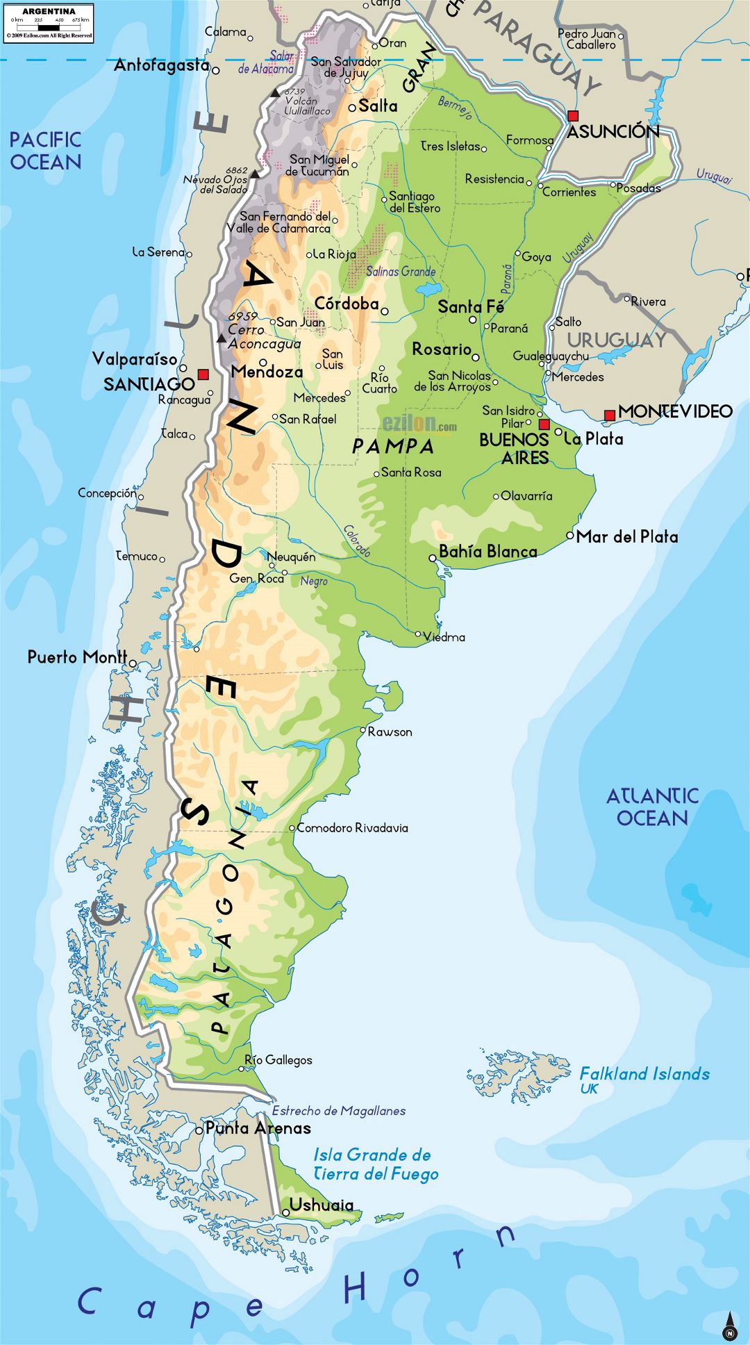 Large physical map of Argentina with major cities