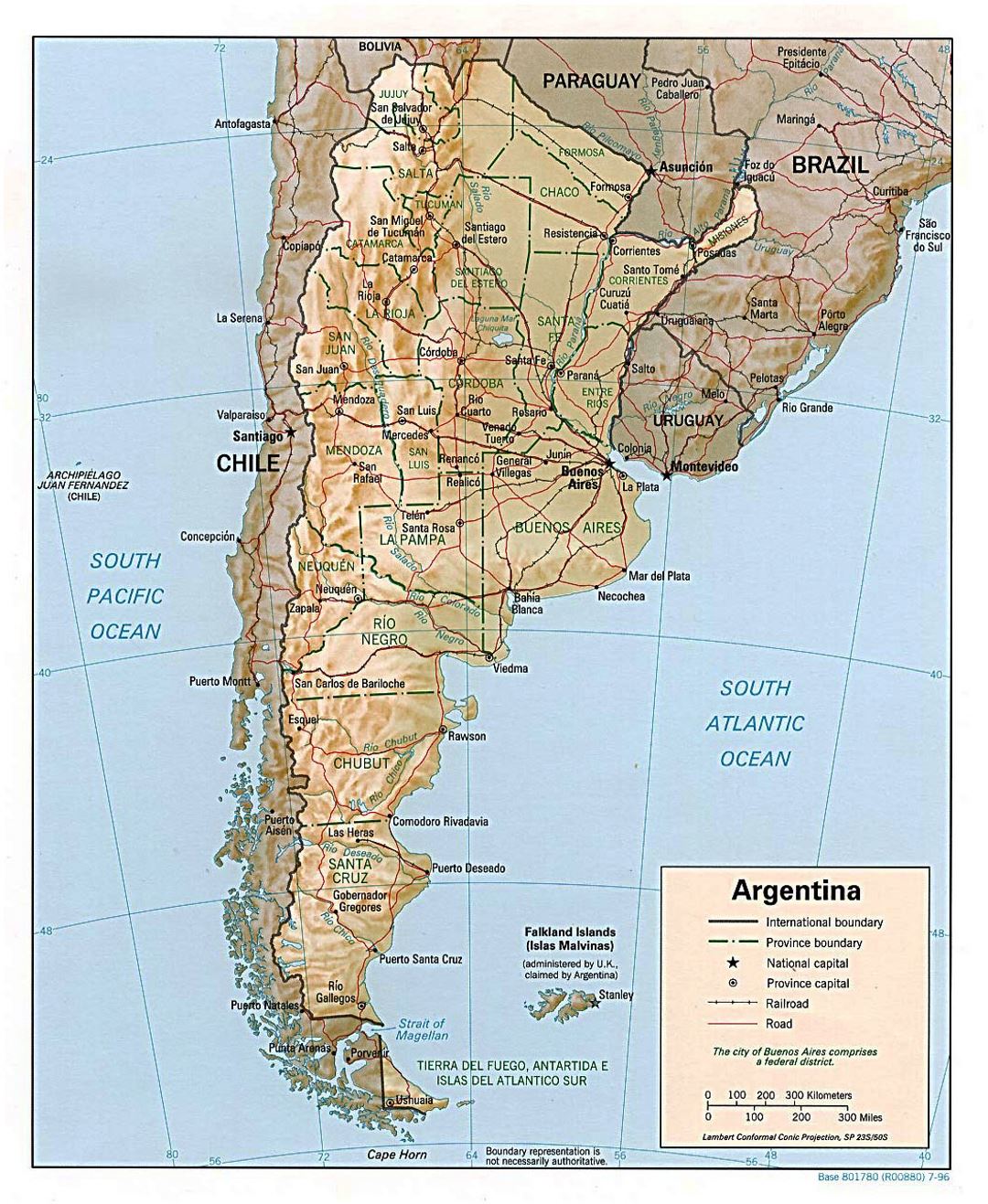 Large political and administrative map of Argentina with relief, roads and major cities - 1996