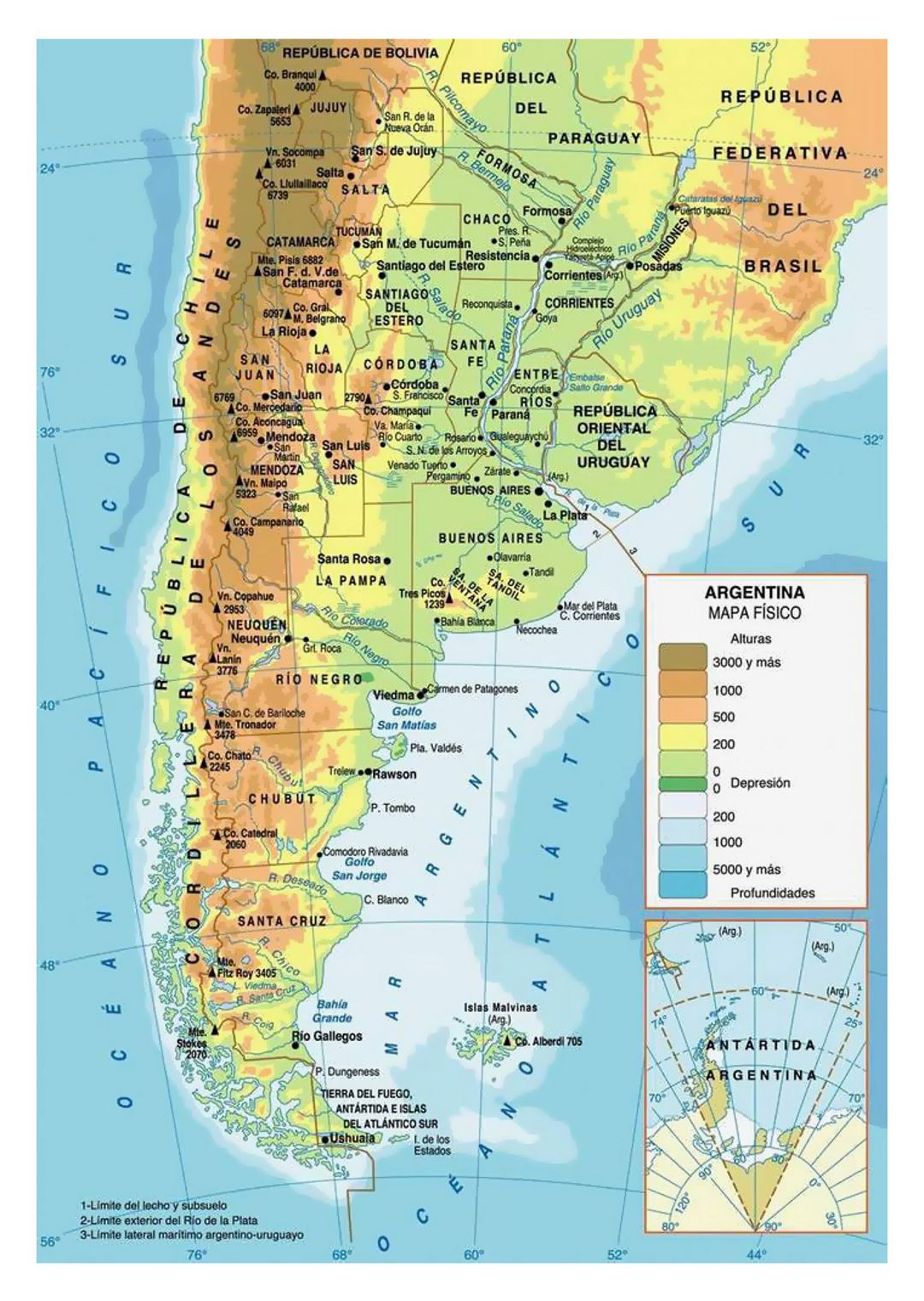 Physical map of Argentina with cities