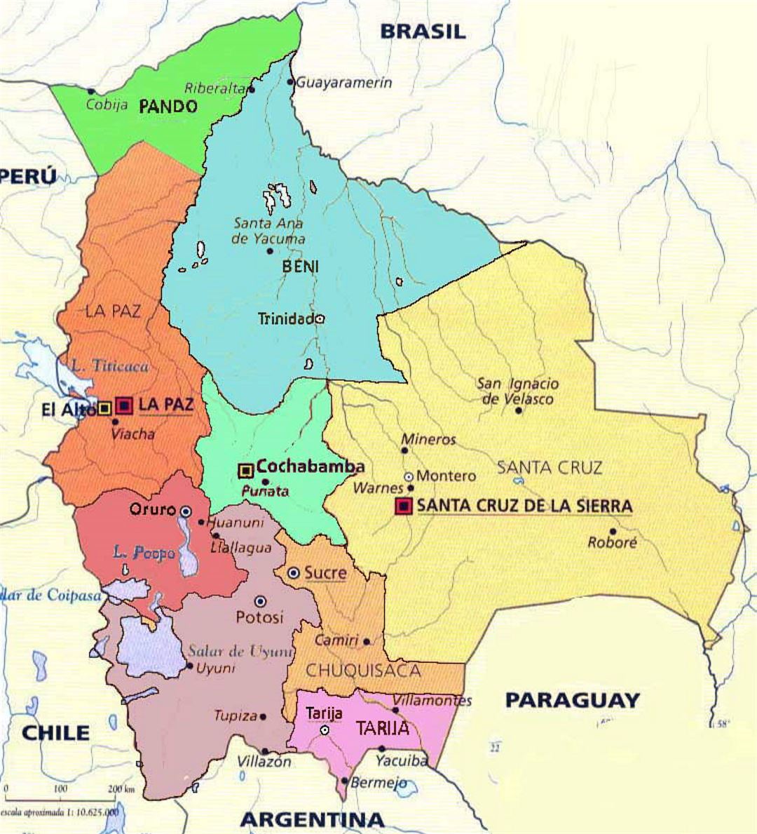 Administrative map of Bolivia with major cities