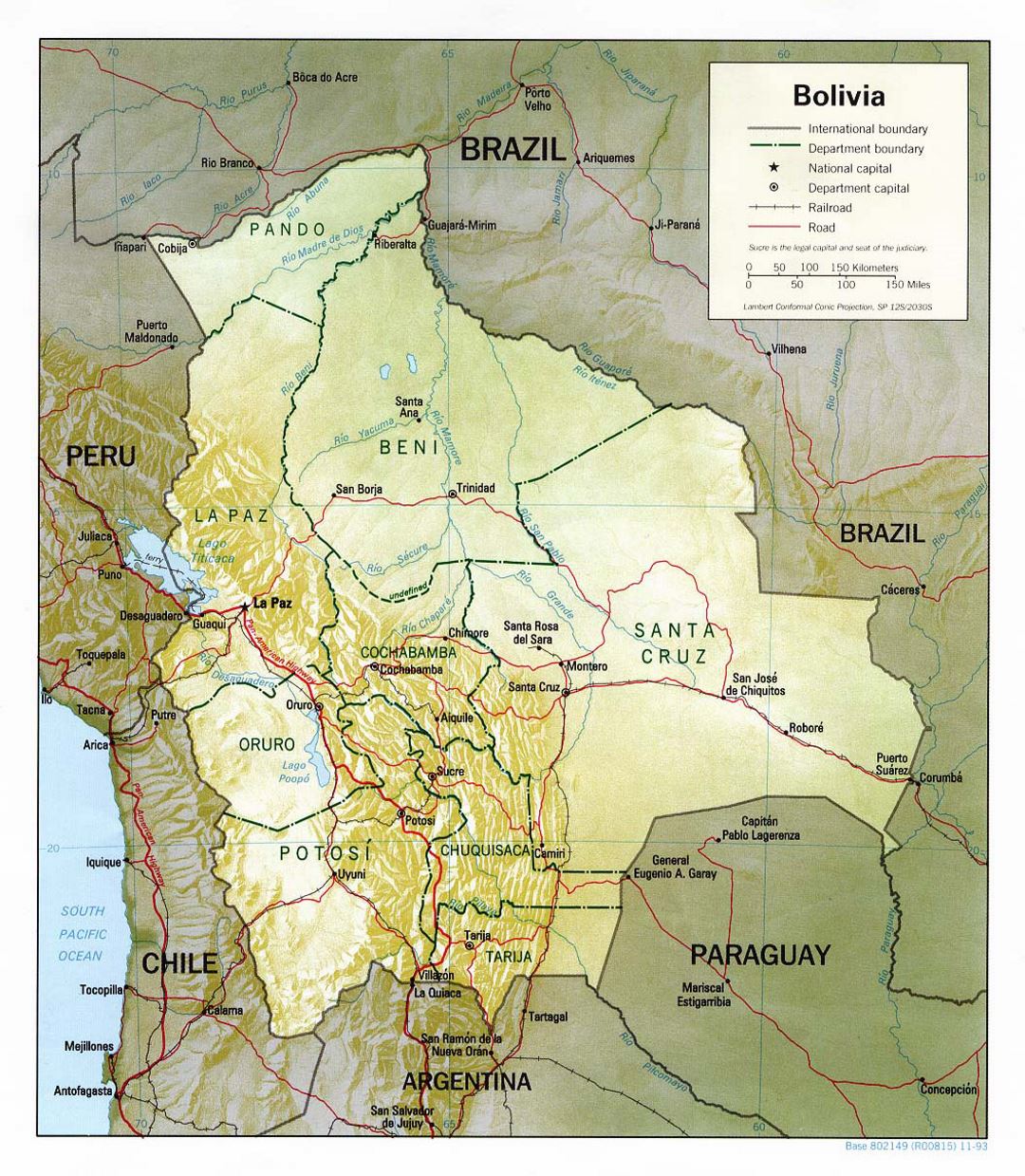 Detailed political and administrative map of Bolivia with relief, roads and major cities - 1993