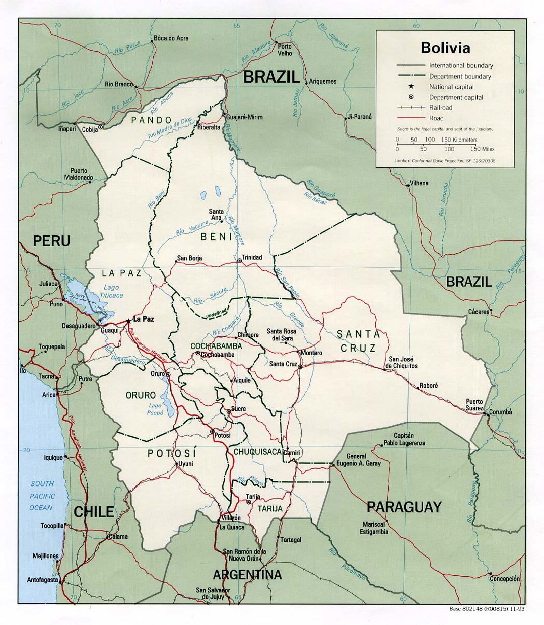 Detailed political and administrative map of Bolivia with roads and major cities - 1993