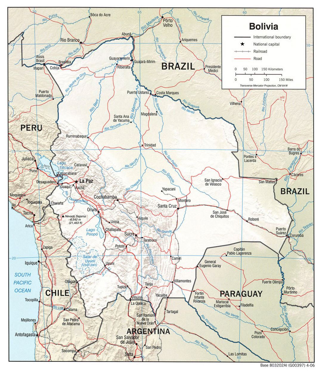 Large political map of Bolivia with relief, roads and major cities - 2006