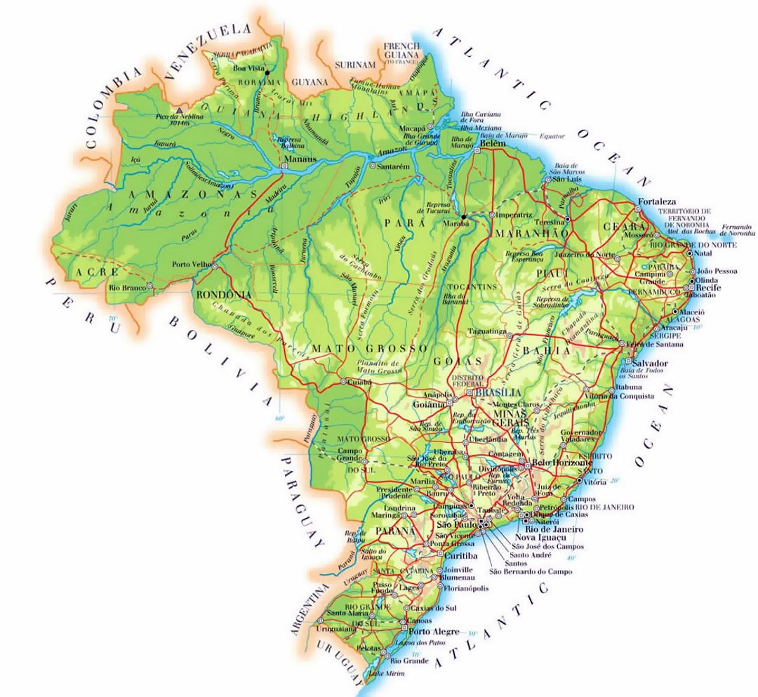 Detailed elevation map of Brazil with cities, roads and airports