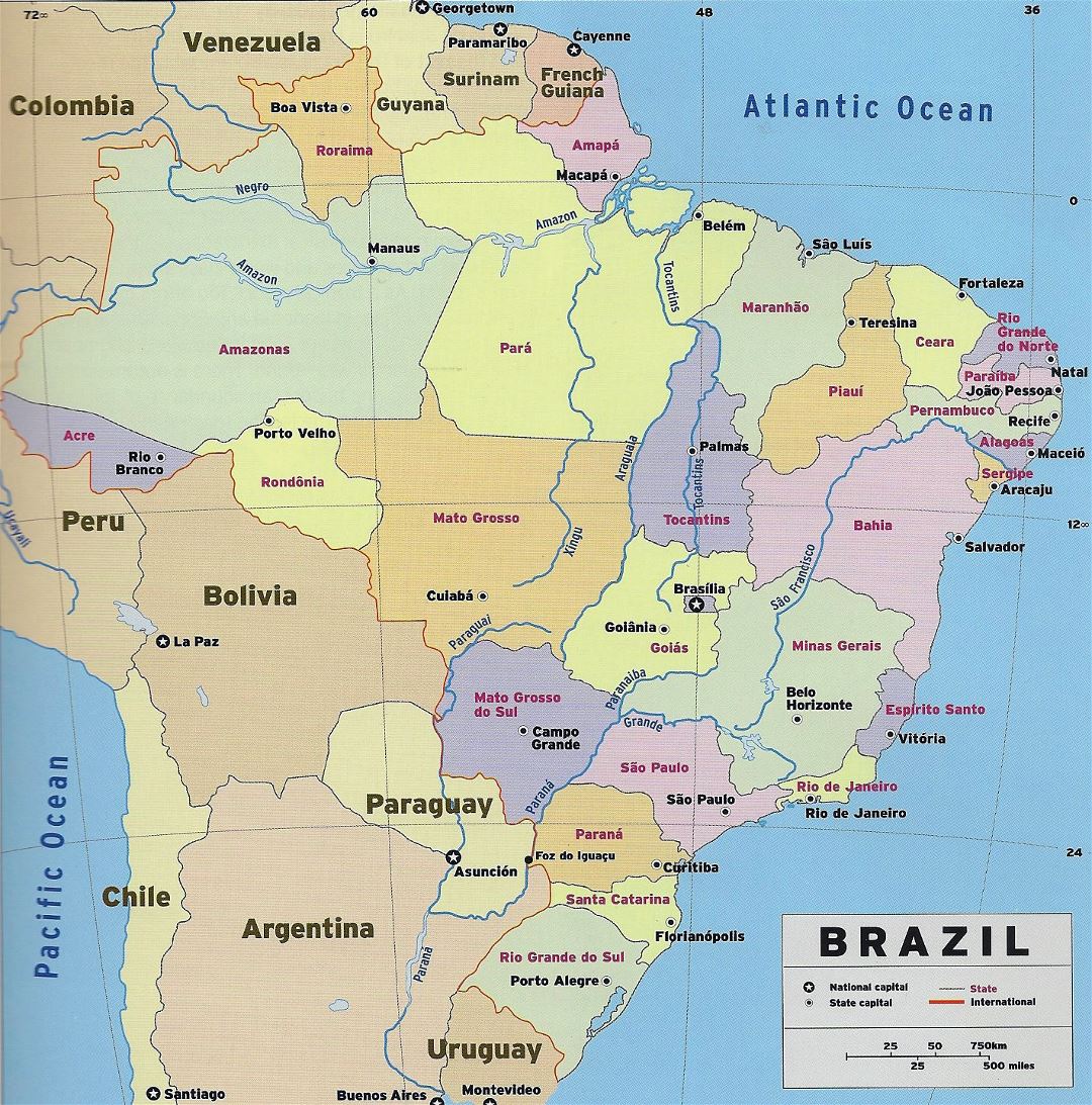 Large detailed political and administrative map of Brazil with national capital and state capitals
