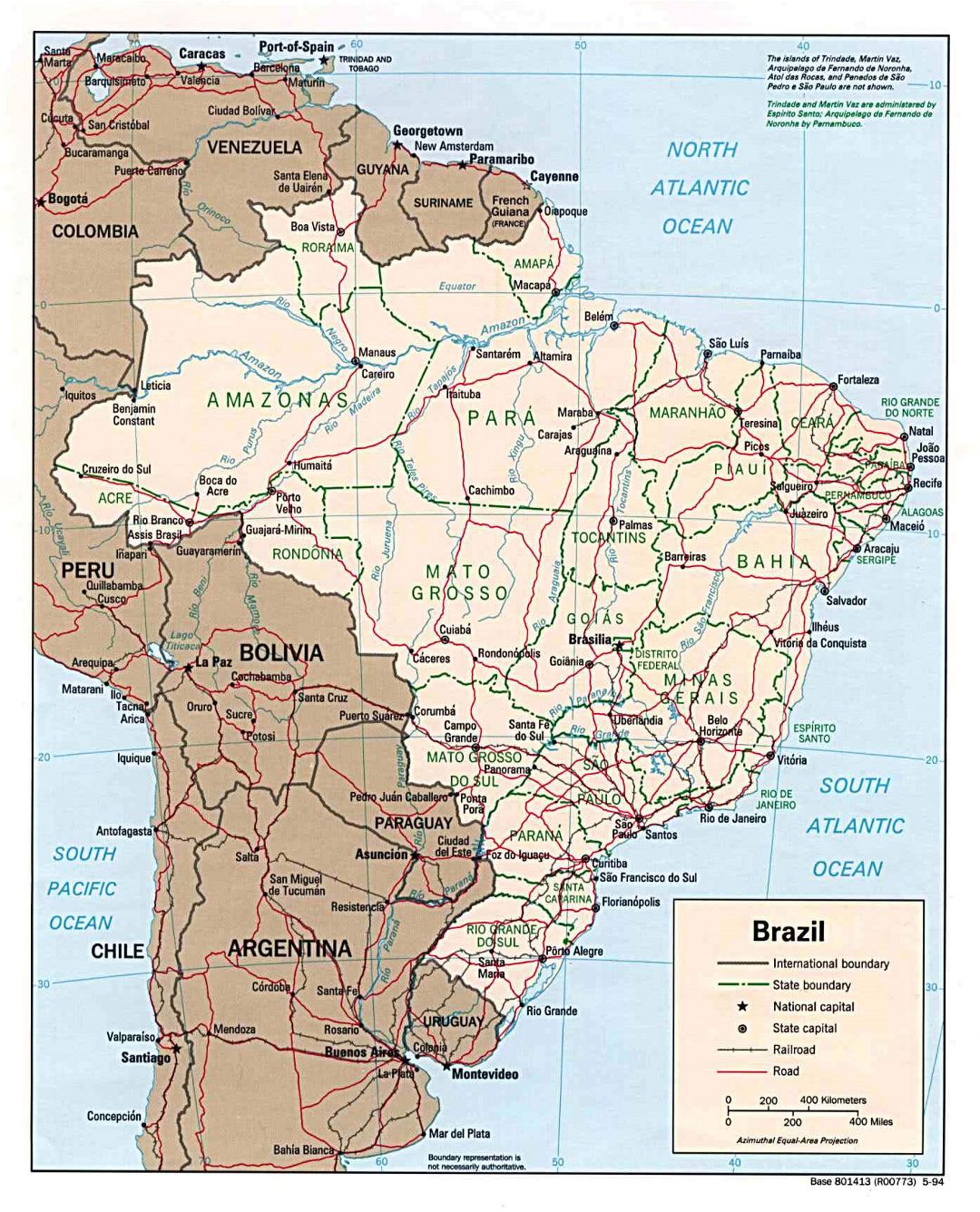 Large detailed political and administrative map of Brazil with roads and major cities - 1994