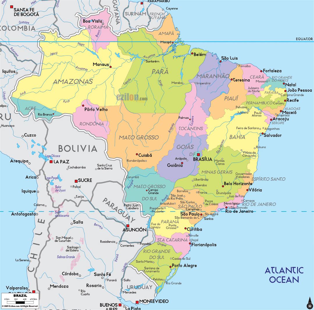 Large political and administrative map of Brazil with major cities