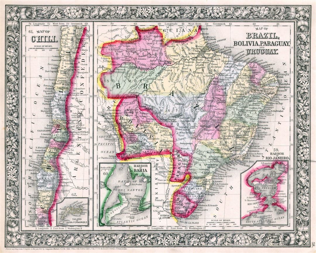 Large scale old political map of Brazil, Bolivia, Paraguay, Uruguay and Chili - 1864