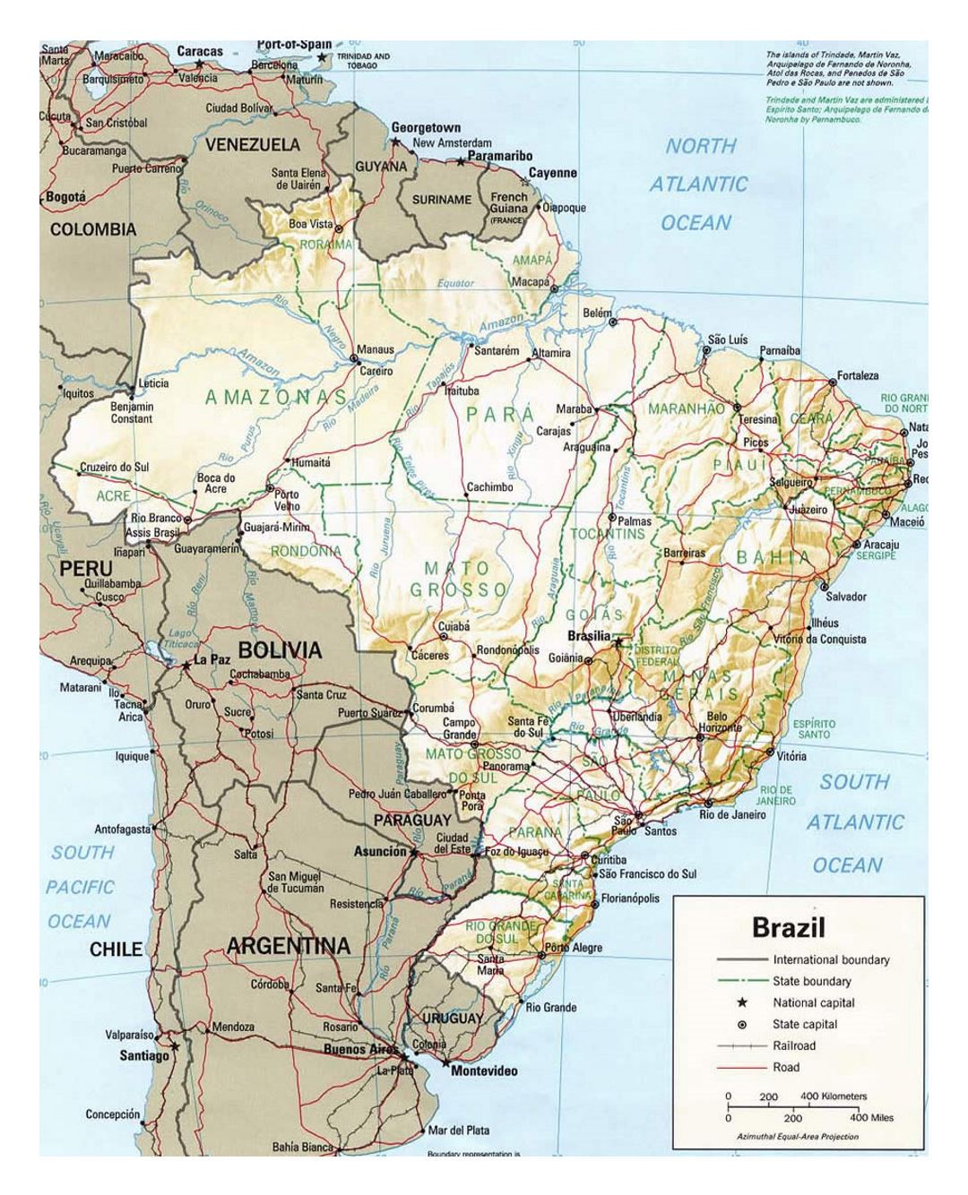 Political map of Brazil with relief