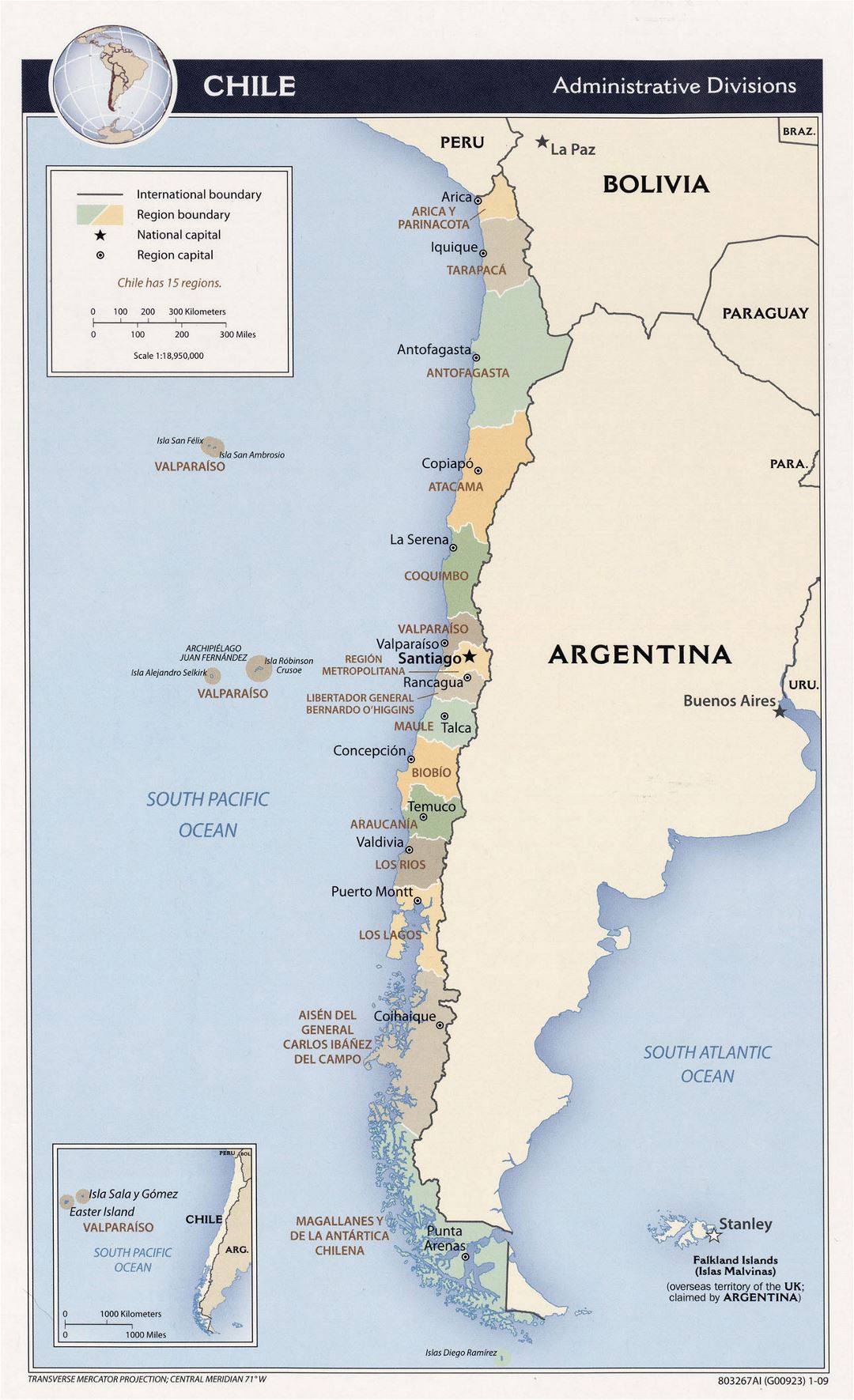 Detailed administrative divisions map of Chile - 2009