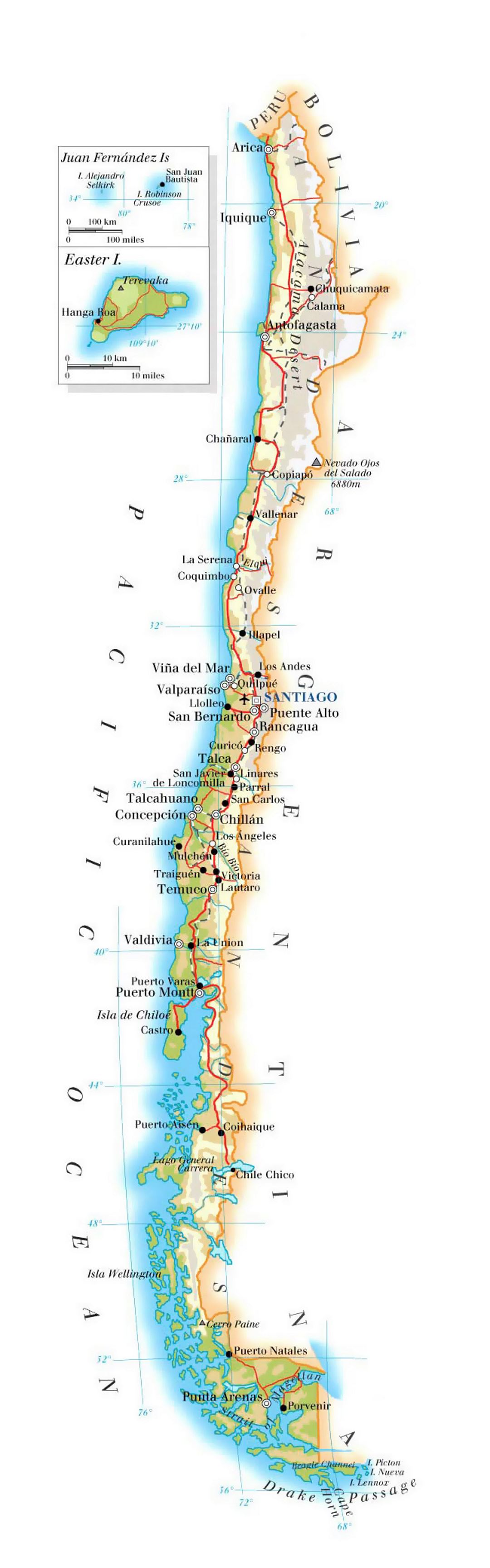 Detailed elevation map of Chile with roads, cities and airports