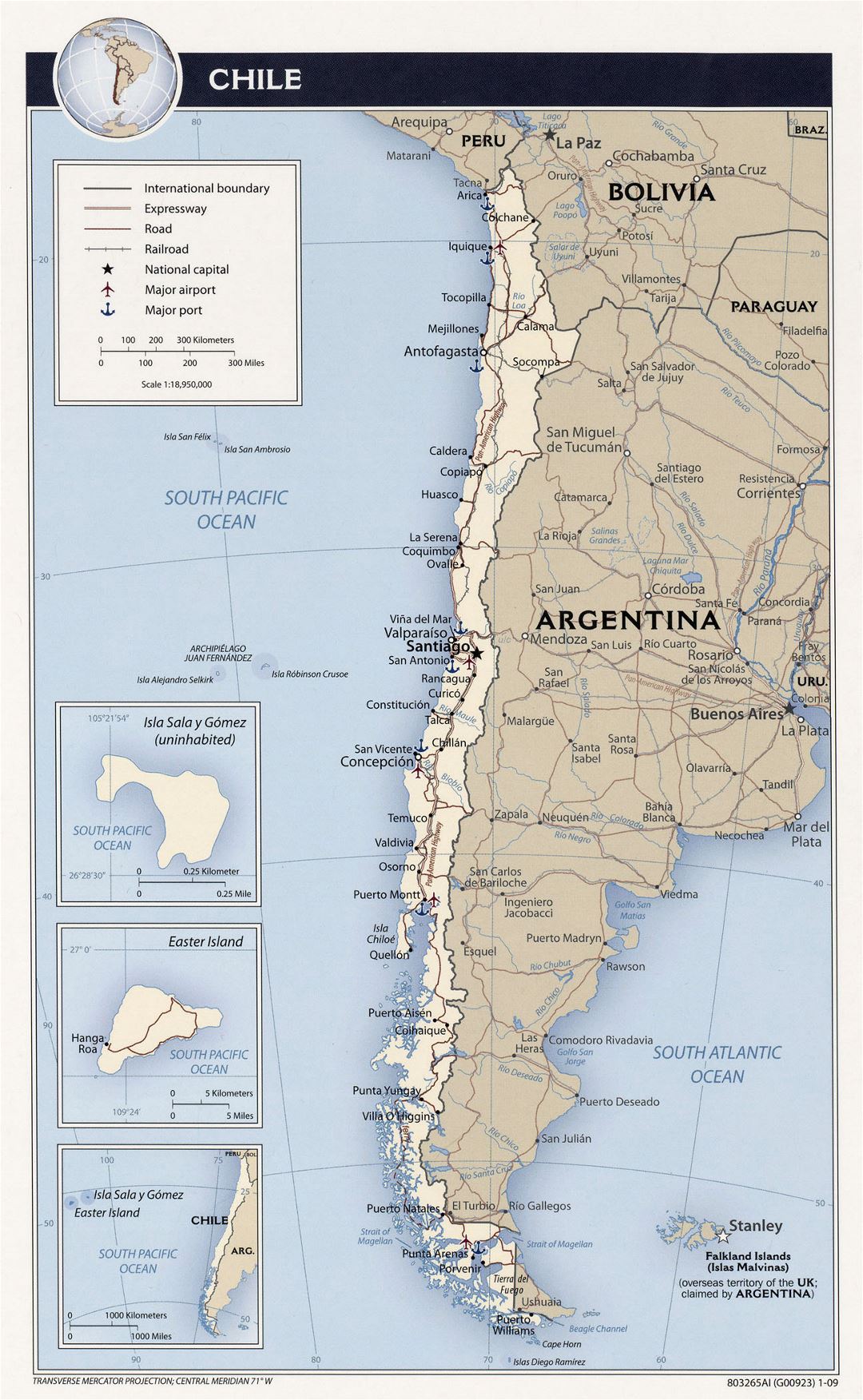 Detailed political map of Chile with roads, cities, airports and sea ports - 2009