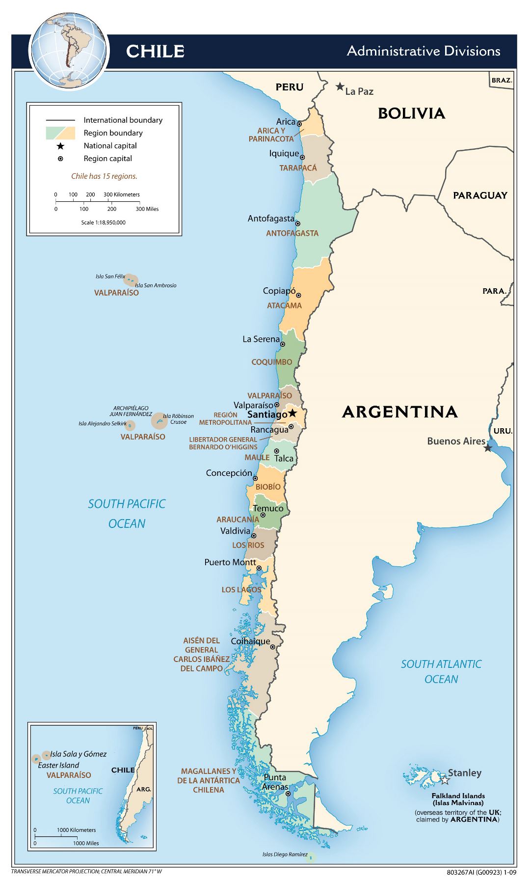 Large detailed administrative divisions map of Chile - 2009