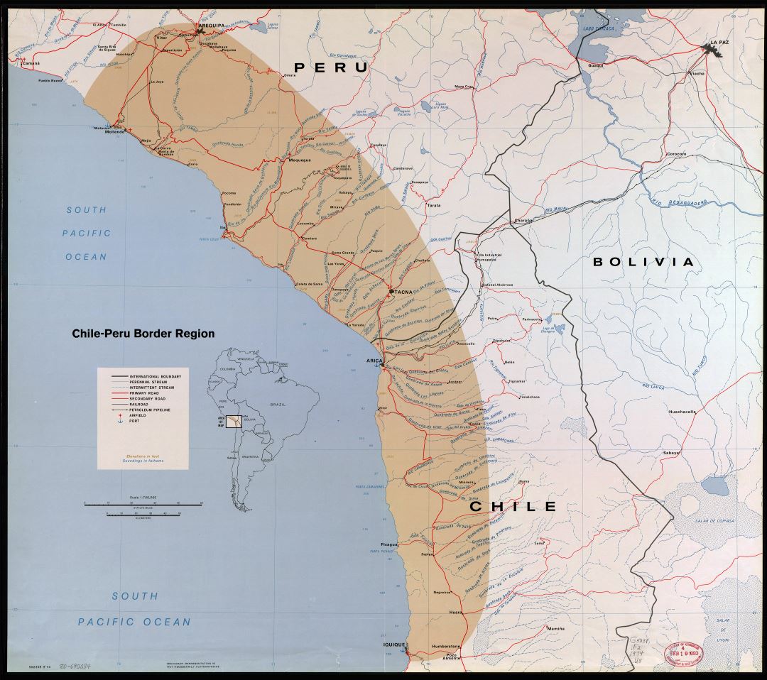 Large detailed Chile-Peru border region map with other marks - 1974