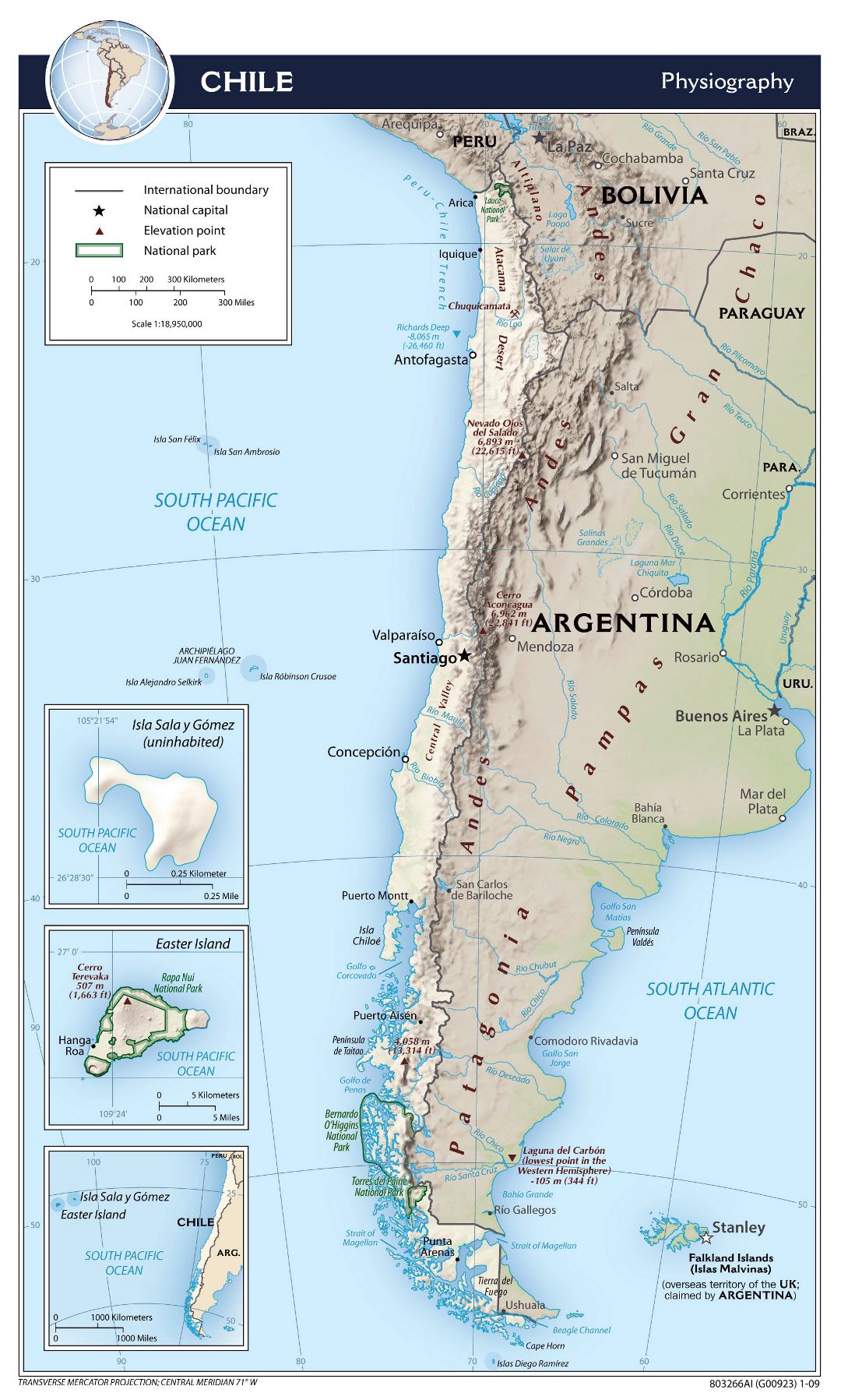 Large detailed physiography map of Chile - 2009