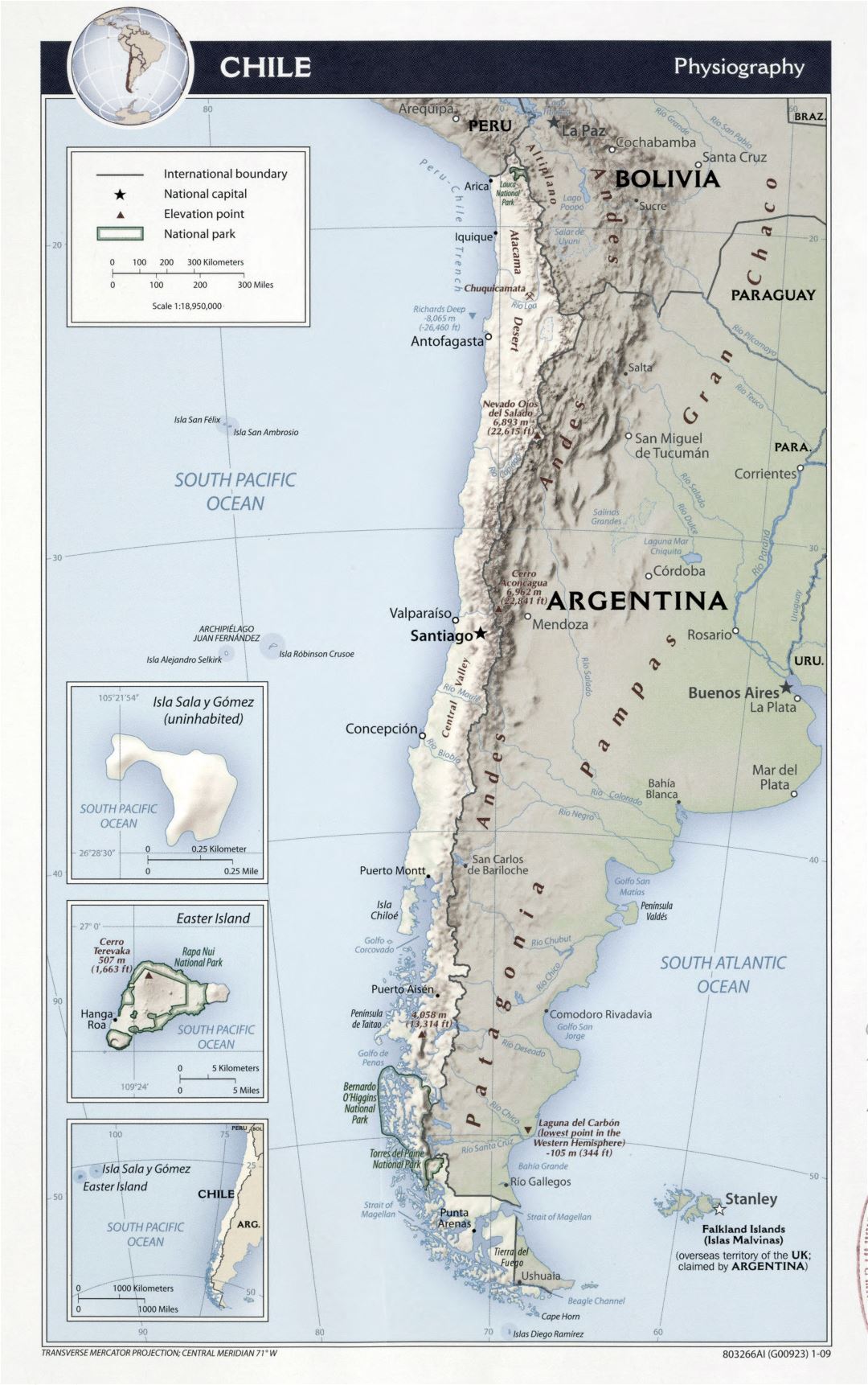 Large detailed physiography map of Chile with other marks - 2009