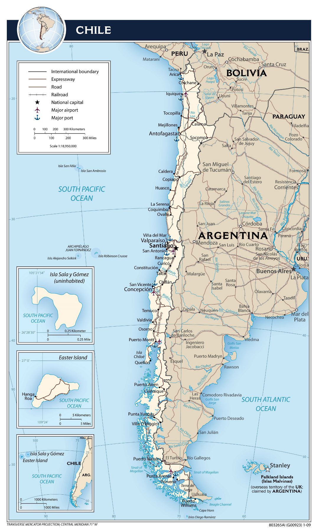 Large detailed political map of Chile with roads, cities, airports and sea ports - 2009