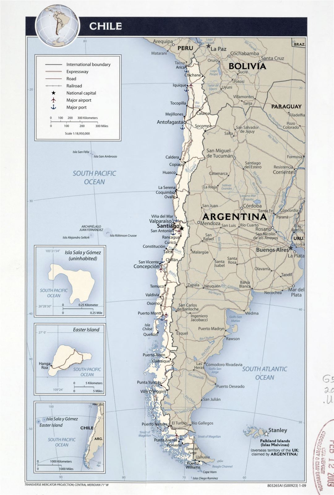 Large detailed political map of Chile with roads, highways, railroads, major cities, sea ports and airports - 2009