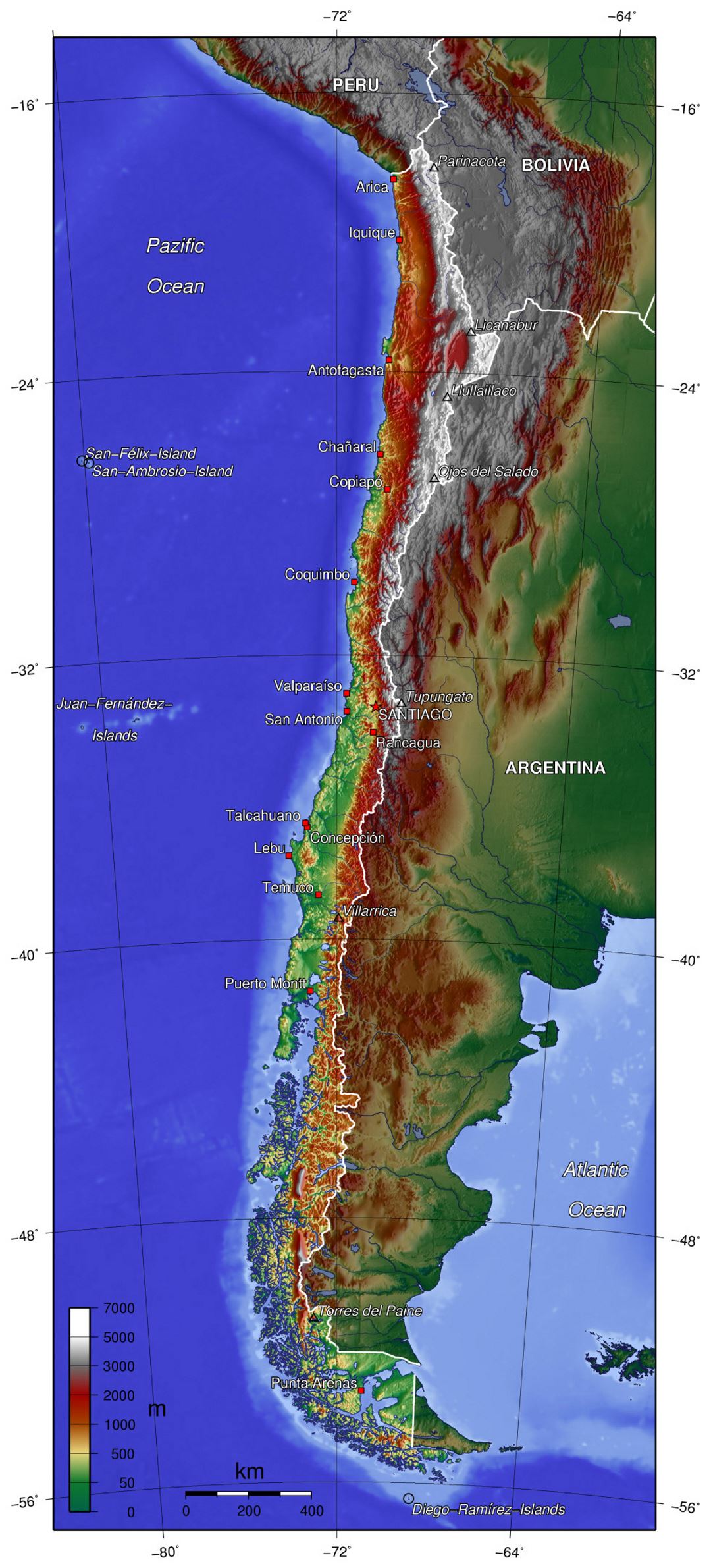 Large physical map of Chile