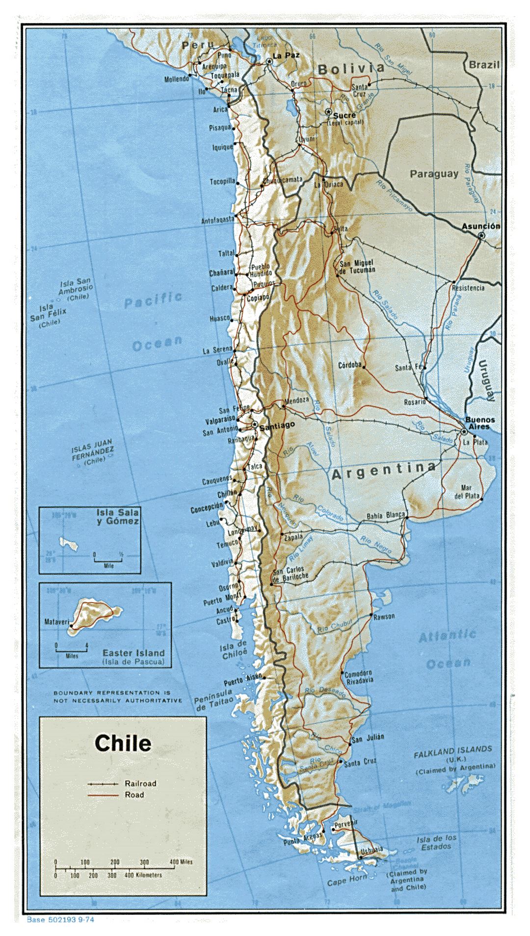 Large political map of Chile with relief, roads and major cities - 1974