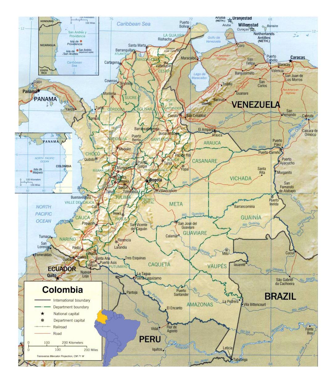 Detailed political and administrative map of Colombia with relief, roads and cities
