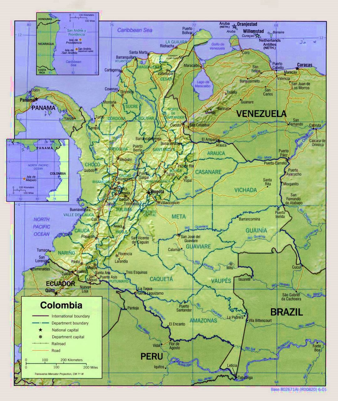 Detailed political and administrative map of Colombia with relief, roads and major cities - 2001