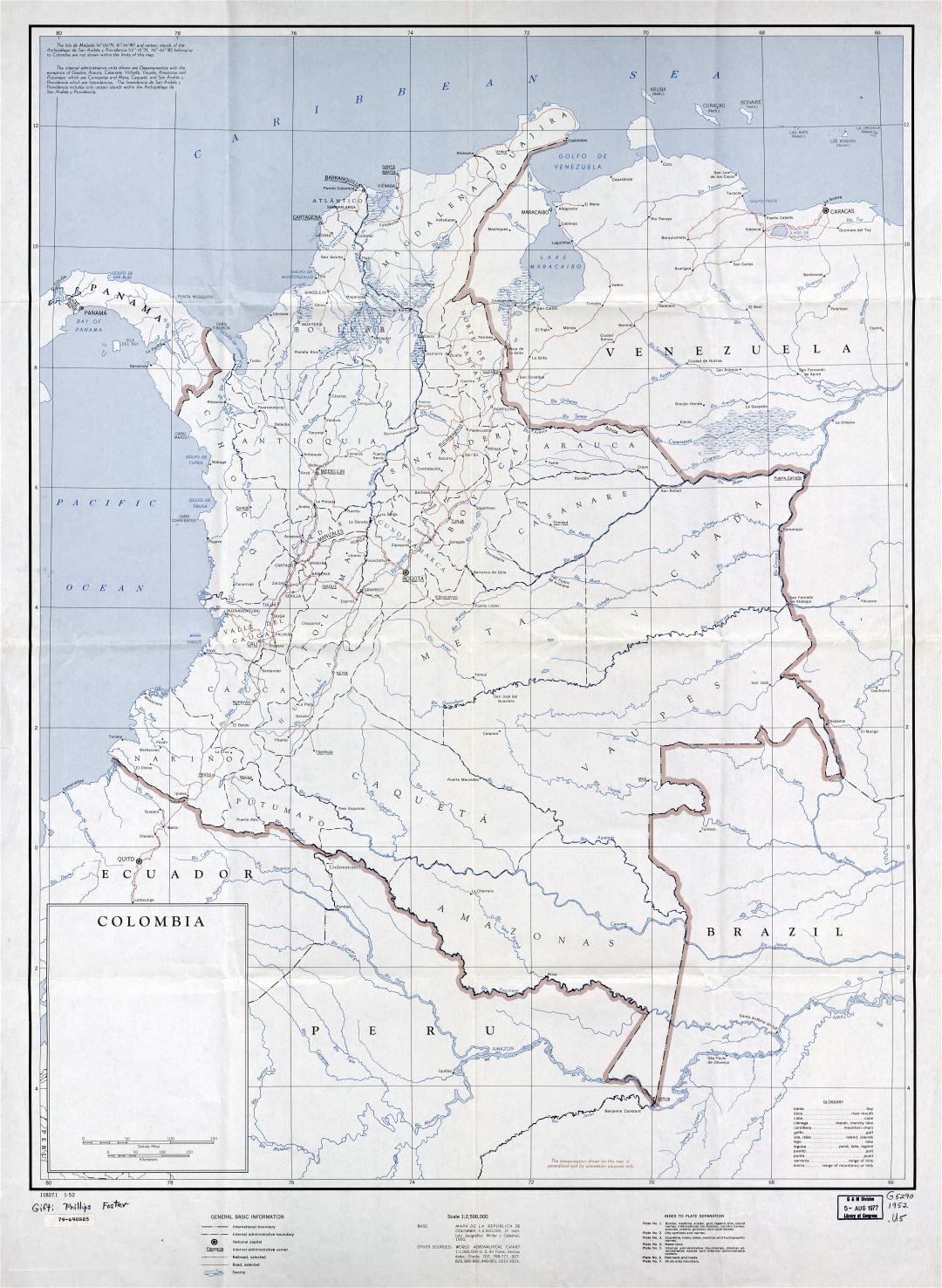 In high resolution detailed political and administrative map of Colombia with marks of cities, roads and railroads - 1952