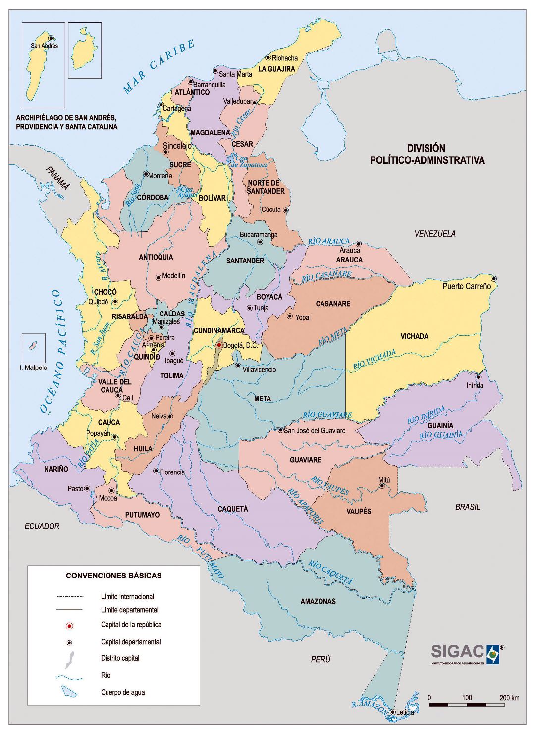 Large detailed political and administrative map of Colombia