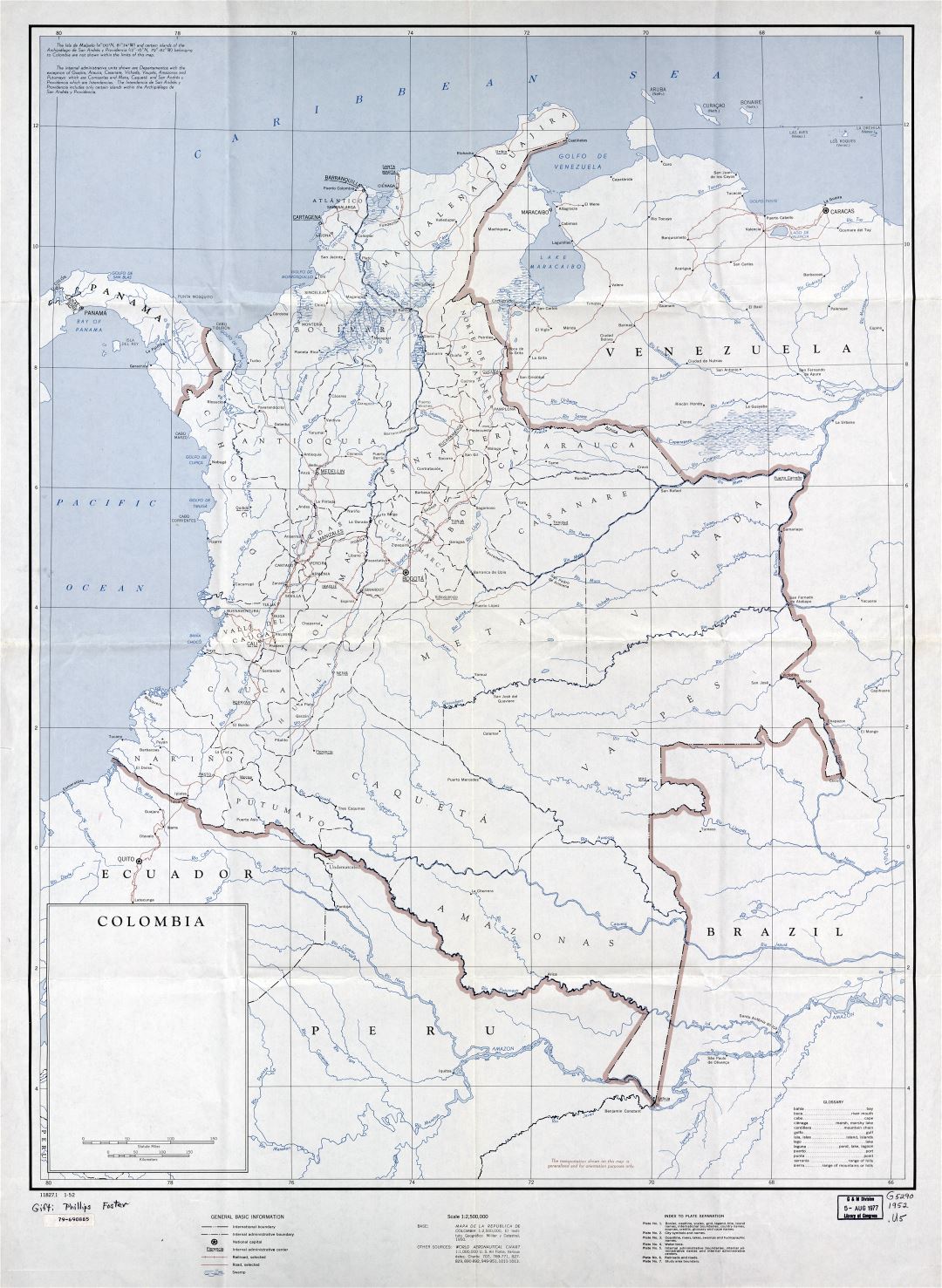 Large detailed political and administrative map of Colombia with marks of cities, roads and railroads - 1952