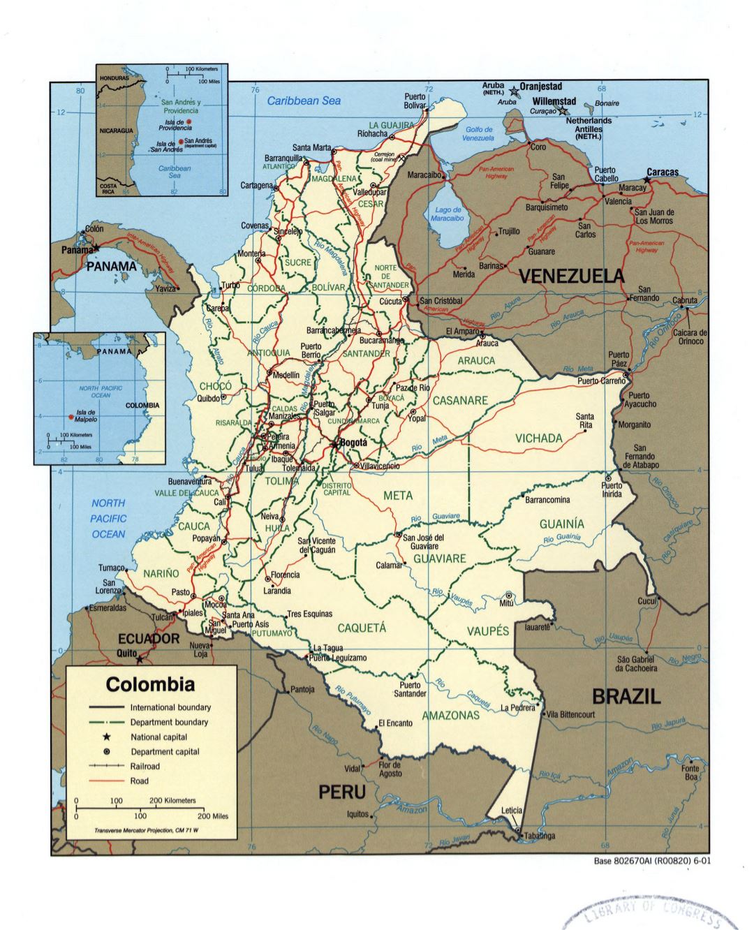 Large detailed political and administrative map of Colombia with marks of cities roads and railroads - 2001