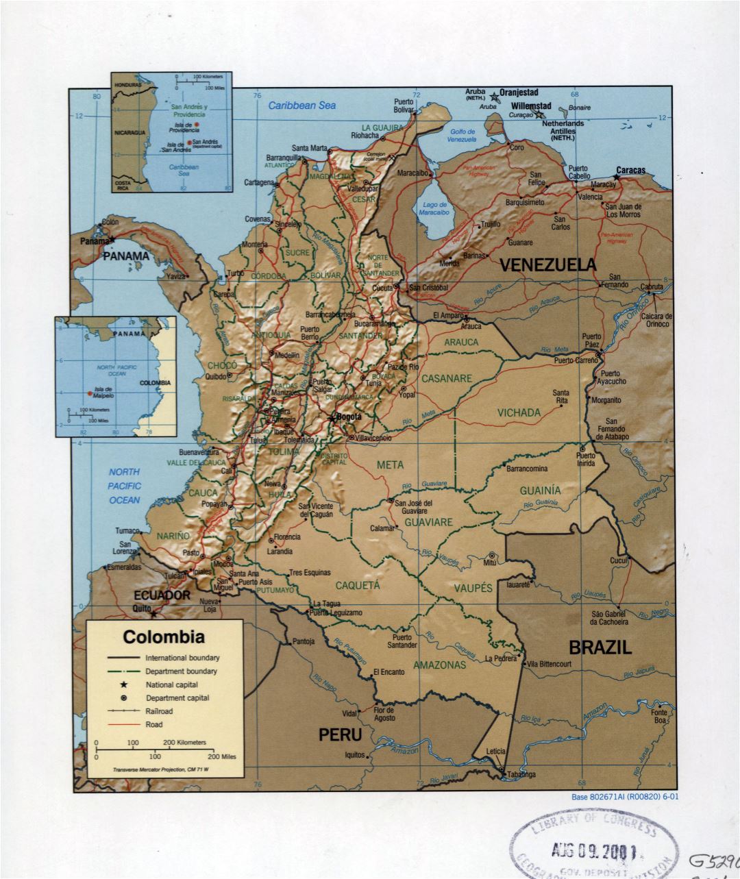 Large detailed political and administrative map of Colombia with relief, marks of cities, roads and railroads - 2001