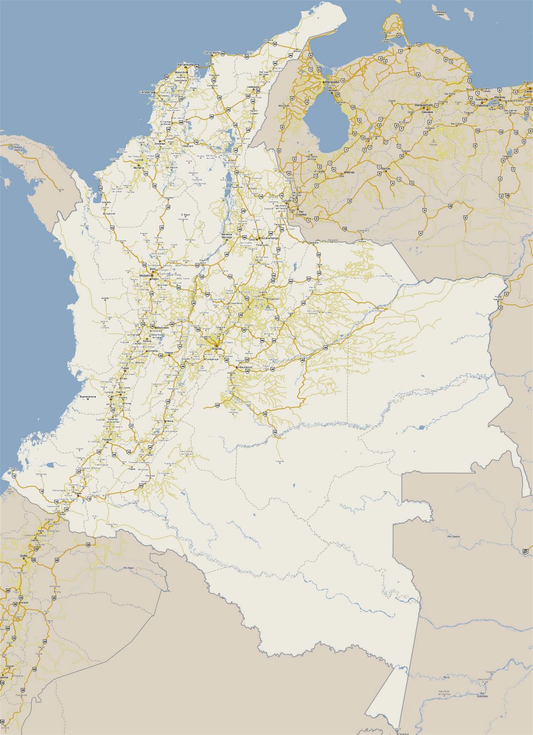 Large detailed road map of Colombia with cities