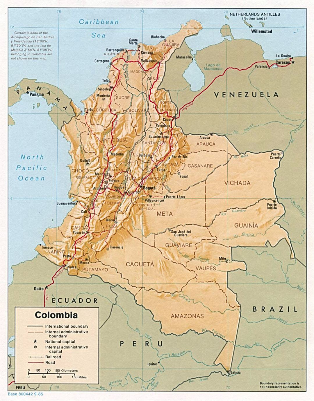 Large political and administrative map of Colombia with relief, roads and major cities - 1985