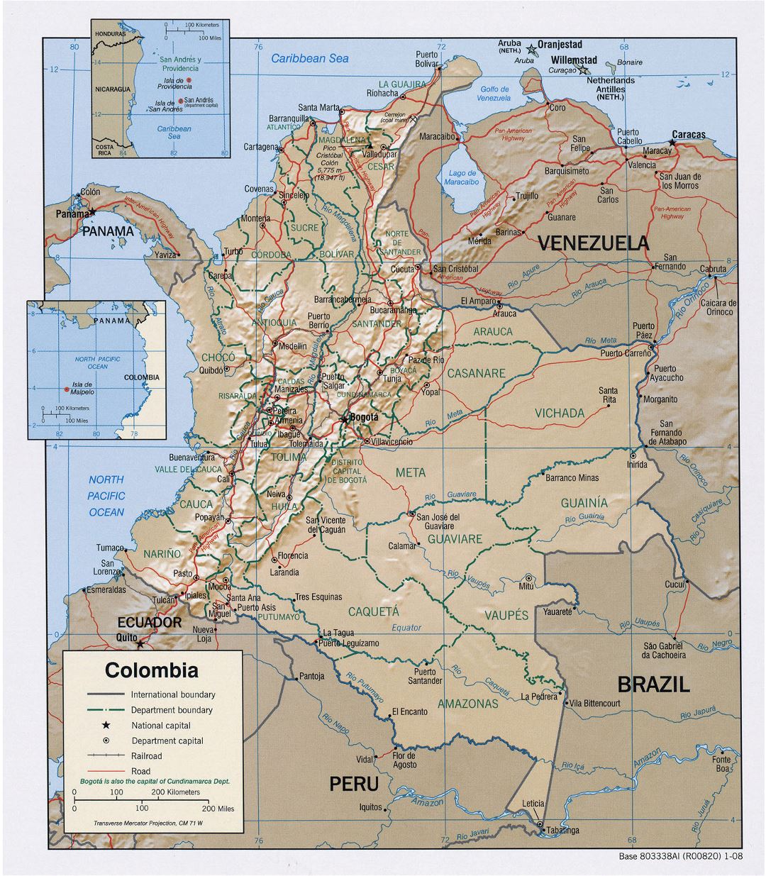 Large political and administrative map of Colombia with relief, roads and major cities - 2008