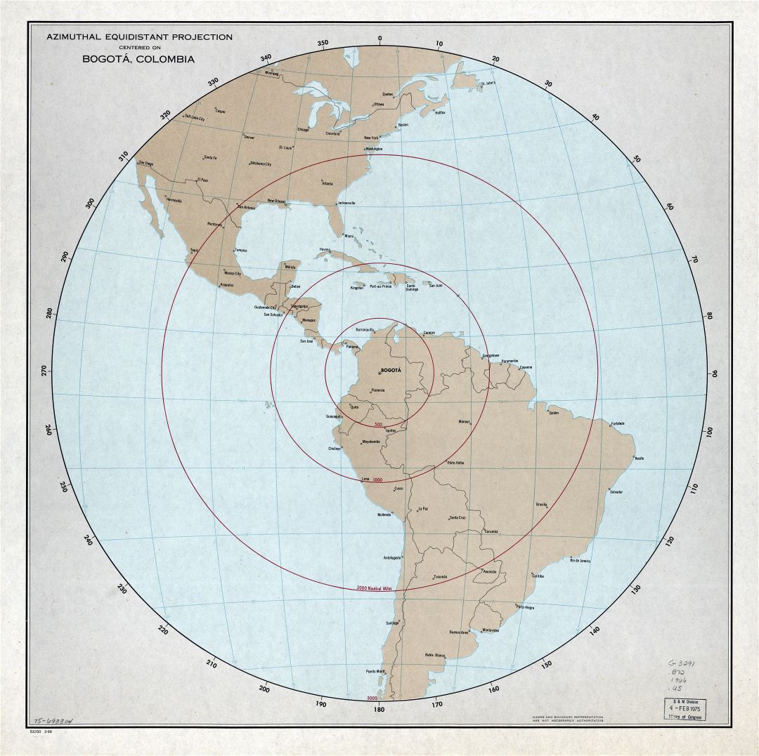 Large scale detailed map of azimuthal equidistant projection centered on Bogota, Colombia - 1966